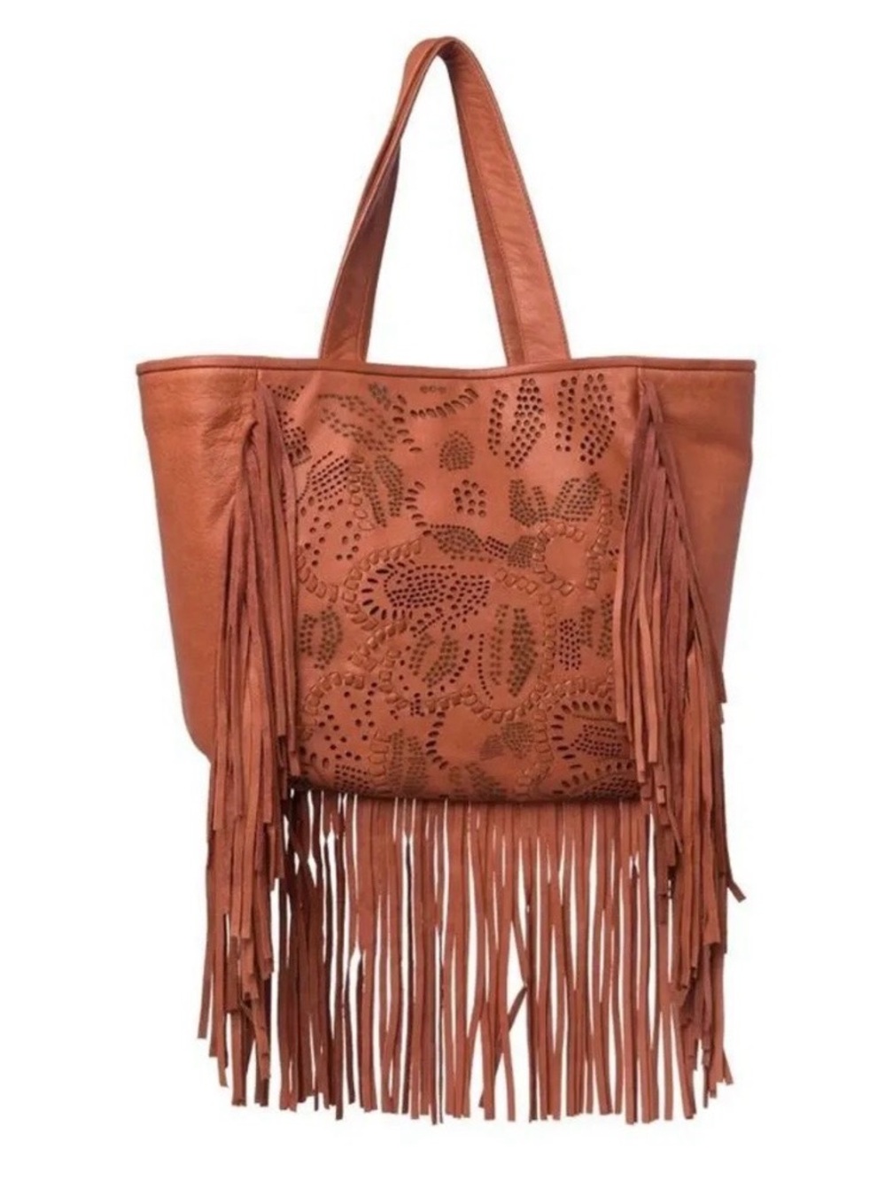 NWT Frye Leather Vivian Fringe Tote Cognac Brown Bohemian Vibe Large